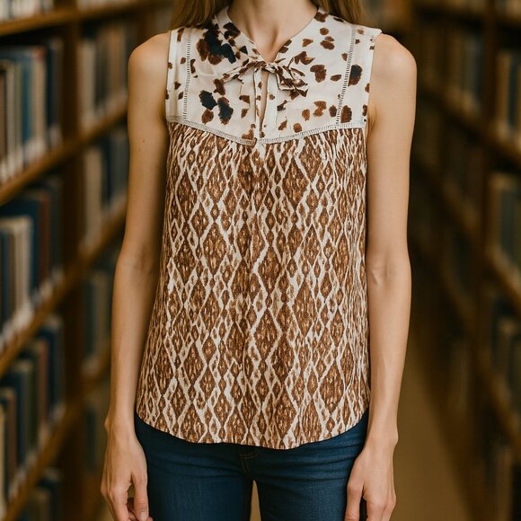 Sterling & Stitch Boho Ikat Tie-Neck Sleeveless Blouse Top Brown & Cream | Sz M - Picture 1 of 7